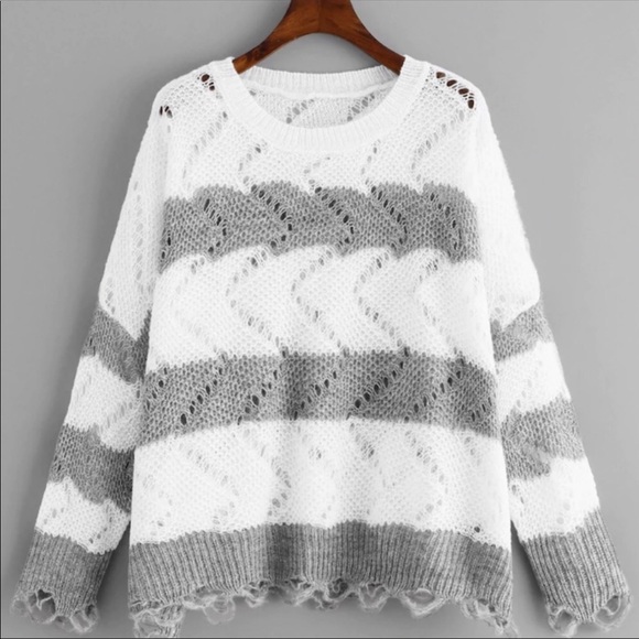 The Chic Petunia Sweaters - Plus gray white stripe loose knit sweater